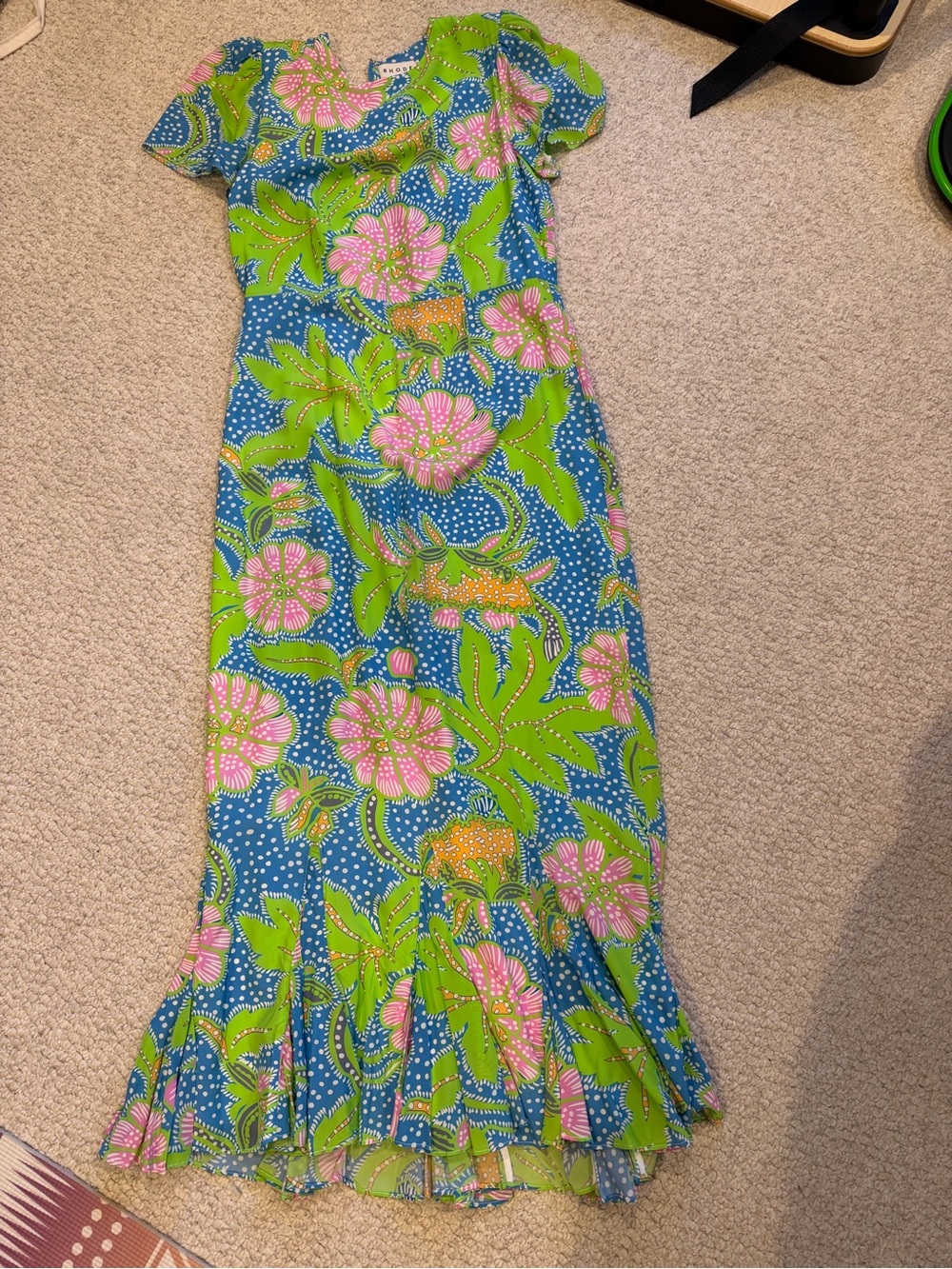 RHODE Lulani dress Blue Floral Ruffle-Hem Dress with Pink & Green Bloom
